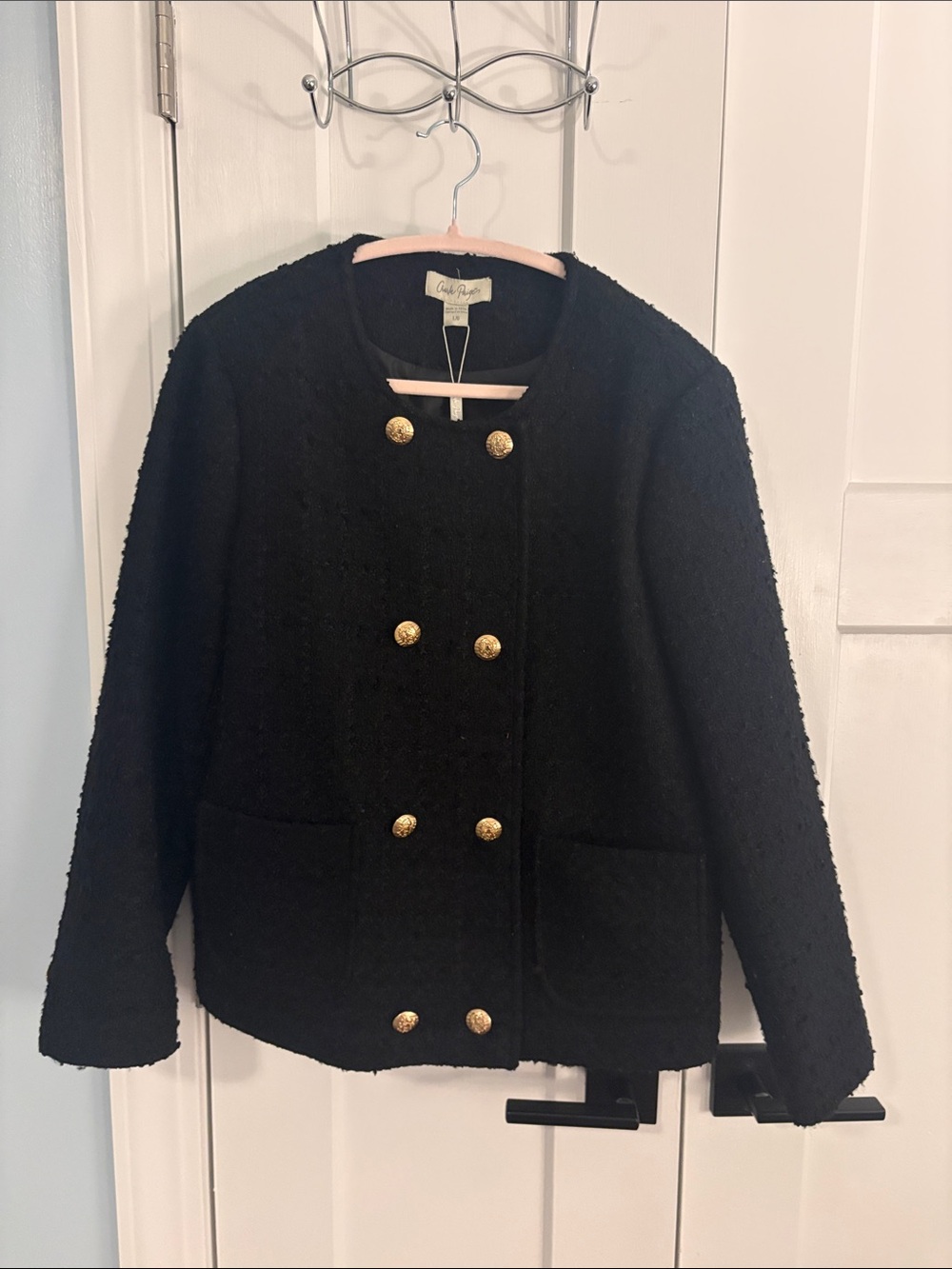 Charlie Paige Black Bouclé Blazer with Gold Buttons